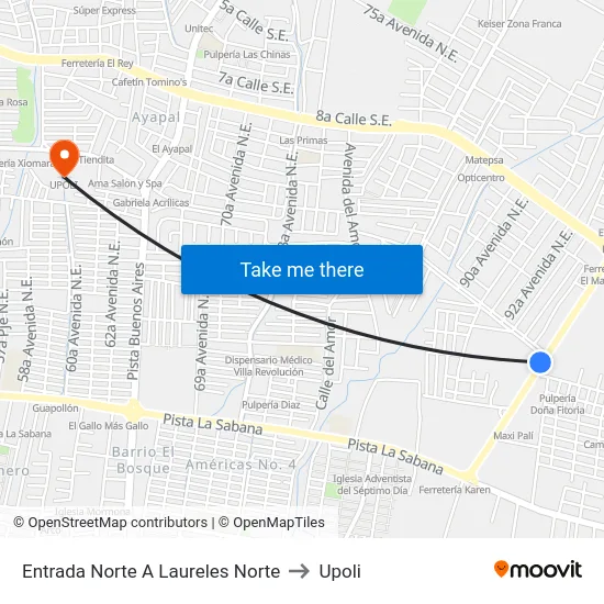 Entrada Norte A Laureles Norte to Upoli map