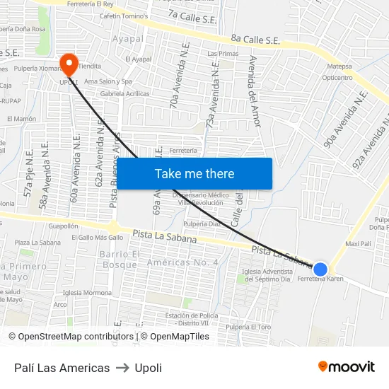 Palí Las Americas to Upoli map