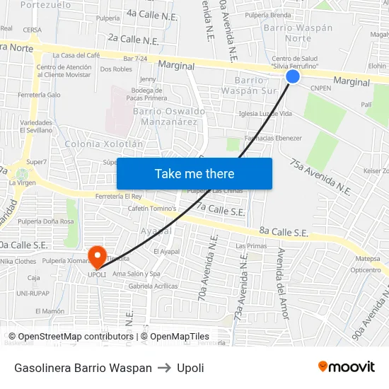 Gasolinera Barrio Waspan to Upoli map