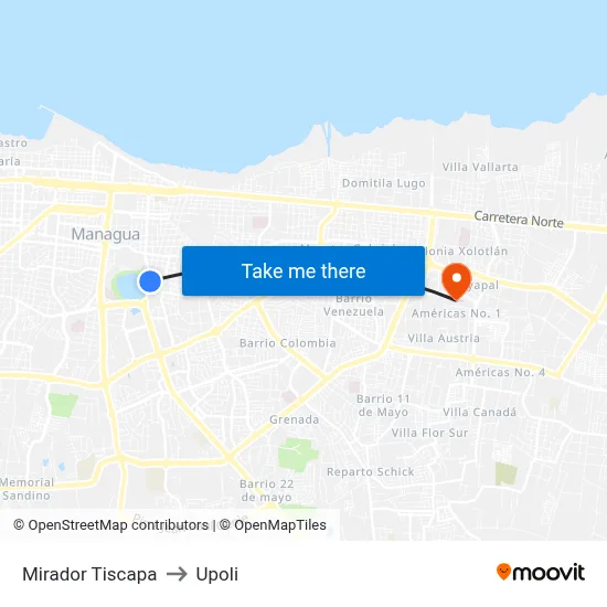 Mirador Tiscapa to Upoli map