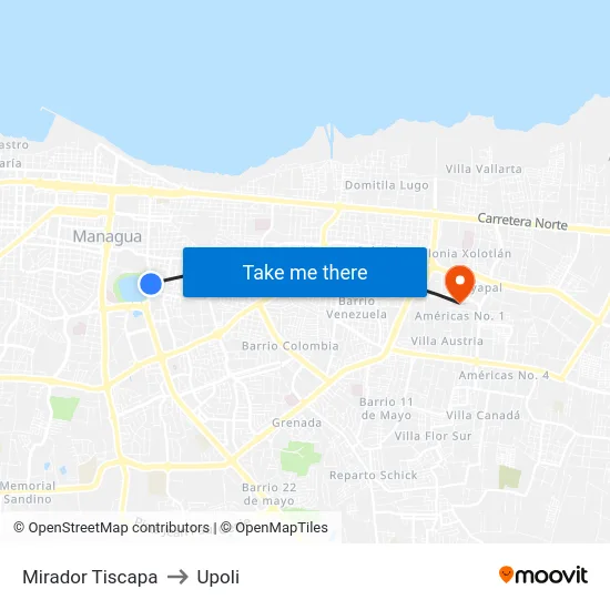 Mirador Tiscapa to Upoli map