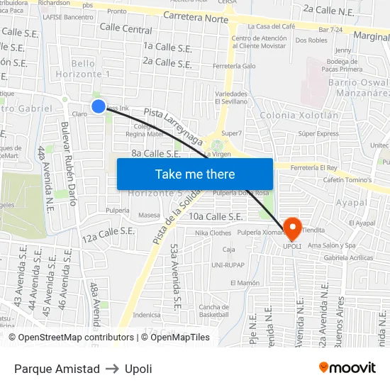 Parque Amistad to Upoli map