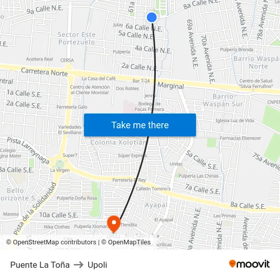 Puente La Toña to Upoli map