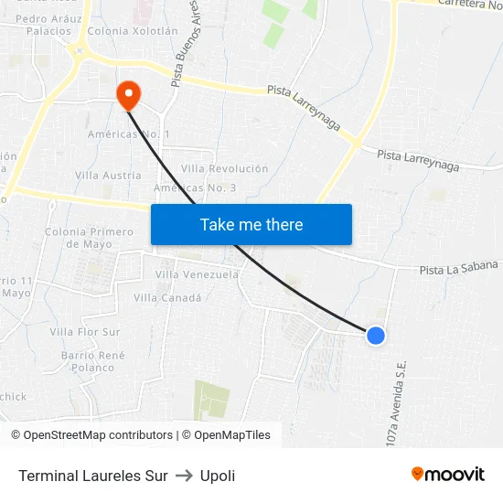 Terminal Laureles Sur to Upoli map