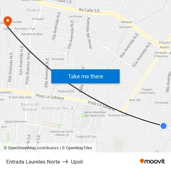 Entrada Laureles Norte to Upoli map