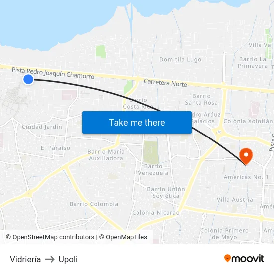 Vidriería to Upoli map