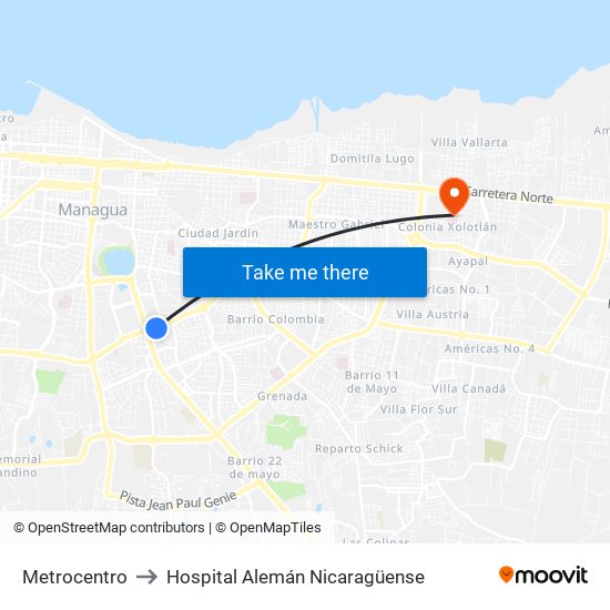 Metrocentro to Hospital Alemán Nicaragüense map