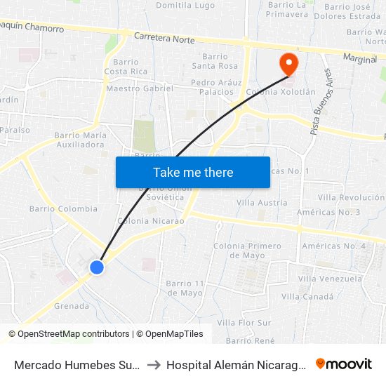 Mercado Humebes Sureste to Hospital Alemán Nicaragüense map