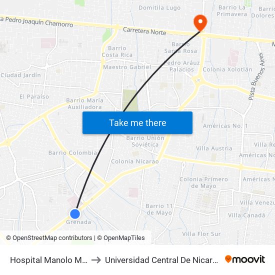 Hospital Manolo Morales to Universidad Central De Nicaragua Ucn map