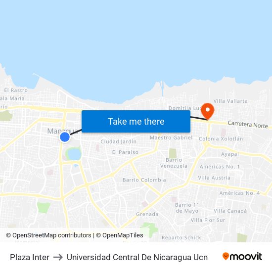Plaza Inter to Universidad Central De Nicaragua Ucn map