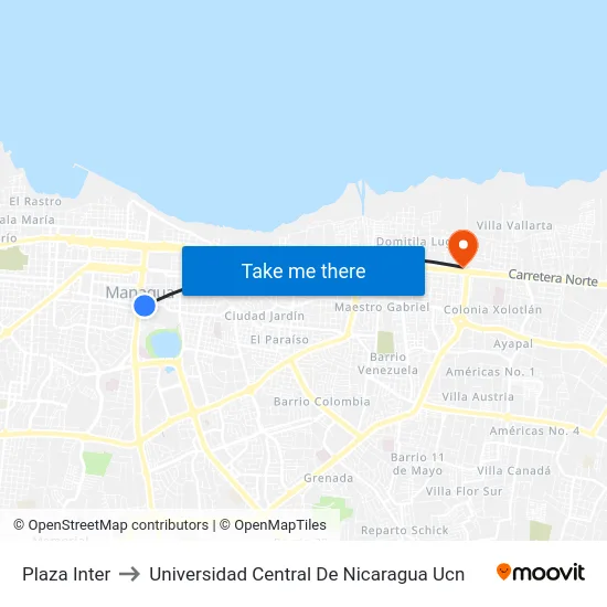 Plaza Inter to Universidad Central De Nicaragua Ucn map