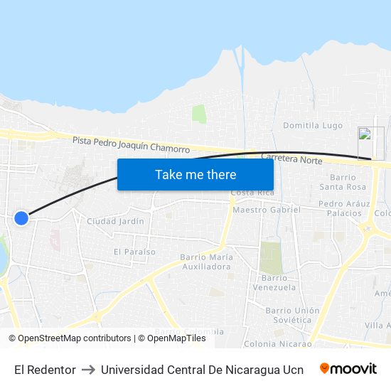 El Redentor to Universidad Central De Nicaragua Ucn map