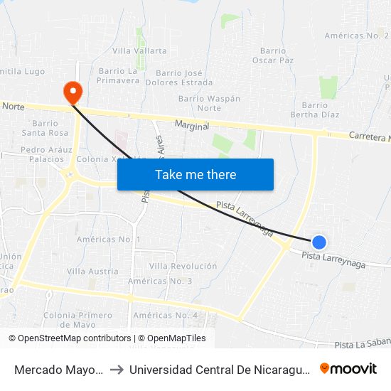 Mercado Mayoreo to Universidad Central De Nicaragua Ucn map