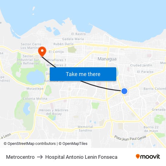 Metrocentro to Hospital Antonio Lenin Fonseca map