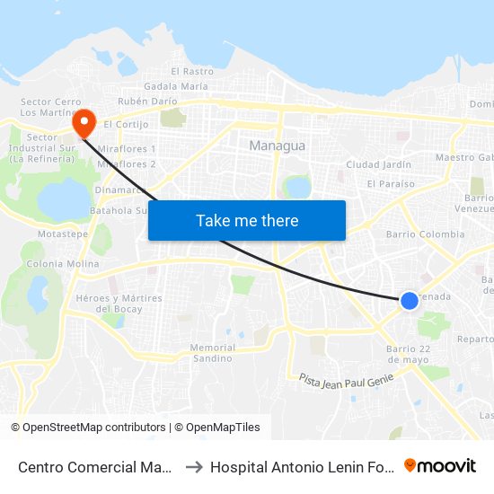 Centro Comercial Managua to Hospital Antonio Lenin Fonseca map