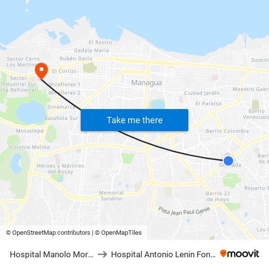 Hospital Manolo Morales to Hospital Antonio Lenin Fonseca map