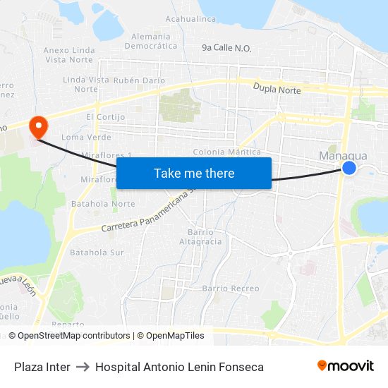 Plaza Inter to Hospital Antonio Lenin Fonseca map