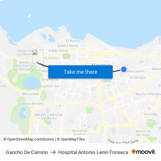 Gancho De Camino to Hospital Antonio Lenin Fonseca map