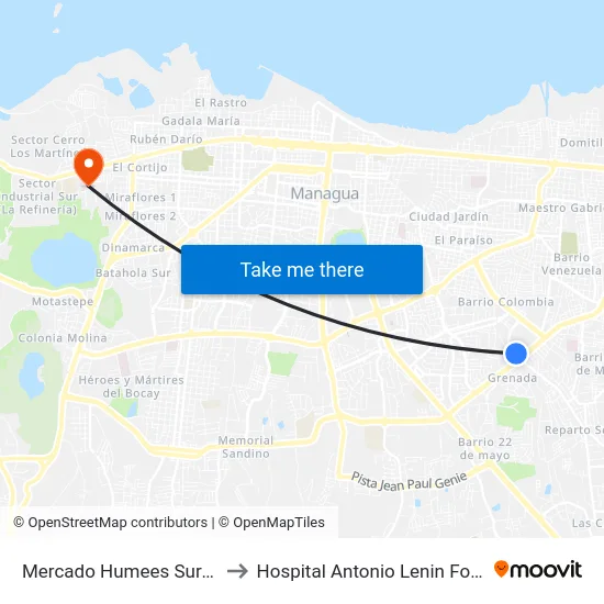 Mercado Humees Suroeste to Hospital Antonio Lenin Fonseca map