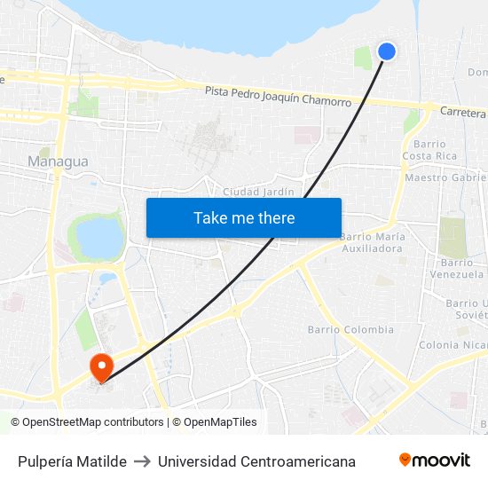 Pulpería Matilde to Universidad Centroamericana map
