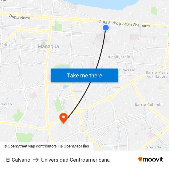 El Calvario to Universidad Centroamericana map