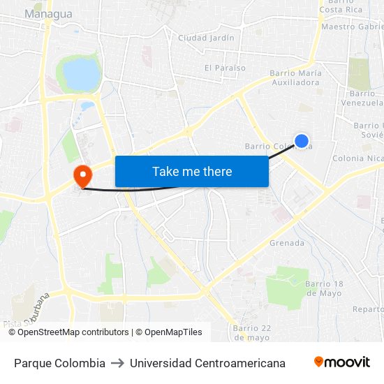 Parque Colombia to Universidad Centroamericana map