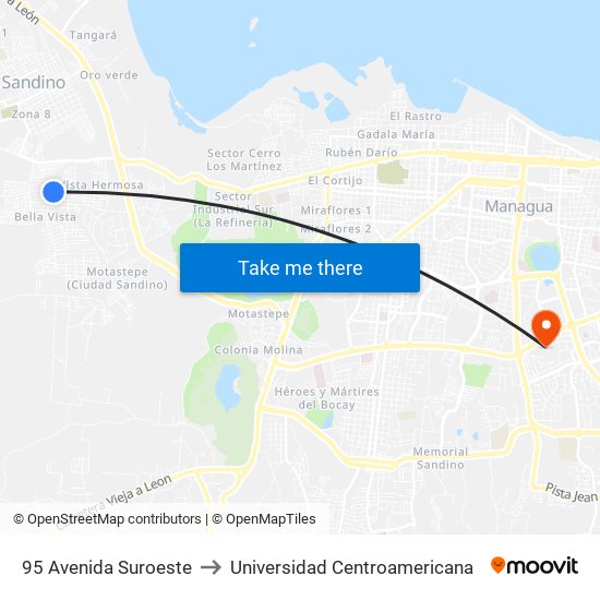 95 Avenida Suroeste to Universidad Centroamericana map