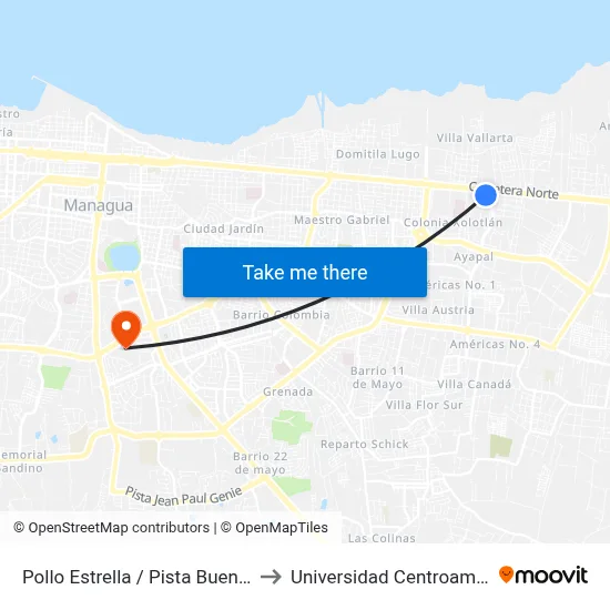 Pollo Estrella / Pista Buenos Aires to Universidad Centroamericana map