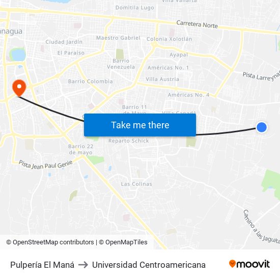 Pulpería El Maná to Universidad Centroamericana map