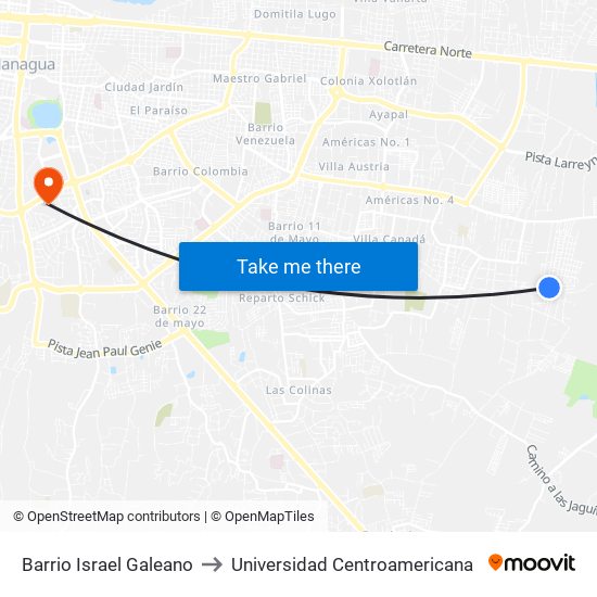 Barrio Israel Galeano to Universidad Centroamericana map