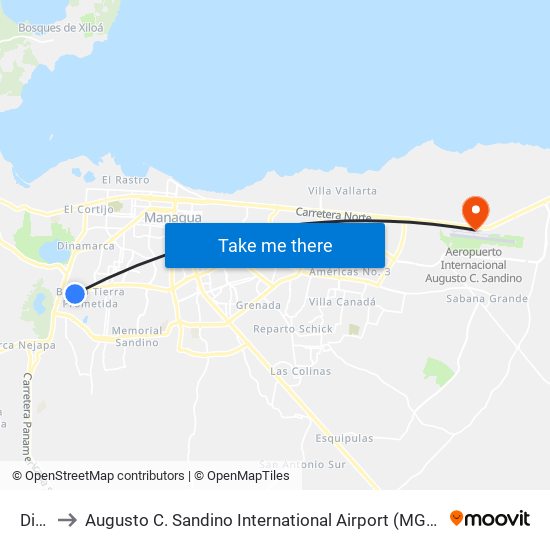 Dicegsa to Augusto C. Sandino International Airport (MGA) (Aeropuerto Internacional Augusto C. Sandino) map