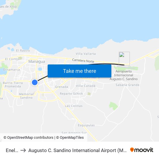 Enel Central to Augusto C. Sandino International Airport (MGA) (Aeropuerto Internacional Augusto C. Sandino) map