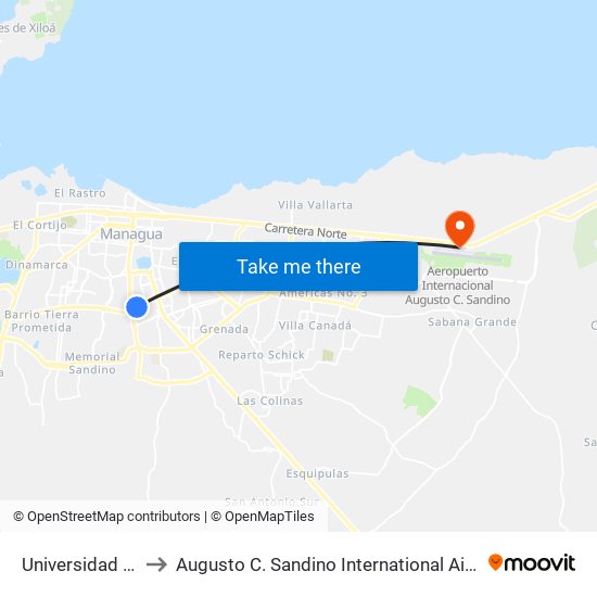 Universidad Centro Americana (Uca) to Augusto C. Sandino International Airport (MGA) (Aeropuerto Internacional Augusto C. Sandino) map