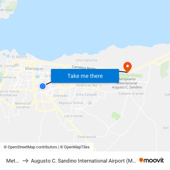 Metrocentro to Augusto C. Sandino International Airport (MGA) (Aeropuerto Internacional Augusto C. Sandino) map