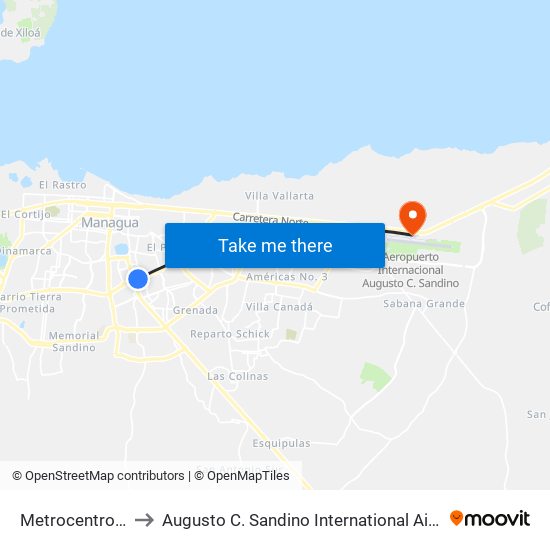 Metrocentro / Catedral De Managua to Augusto C. Sandino International Airport (MGA) (Aeropuerto Internacional Augusto C. Sandino) map