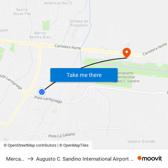 Mercado Mayoreo to Augusto C. Sandino International Airport (MGA) (Aeropuerto Internacional Augusto C. Sandino) map