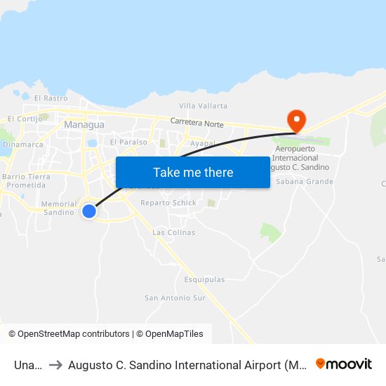 Unan Oeste to Augusto C. Sandino International Airport (MGA) (Aeropuerto Internacional Augusto C. Sandino) map