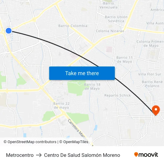 Metrocentro to Centro De Salud Salomón Moreno map