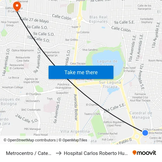 Metrocentro / Catedral De Managua to Hospital Carlos Roberto Huembes Filial El Carmen map