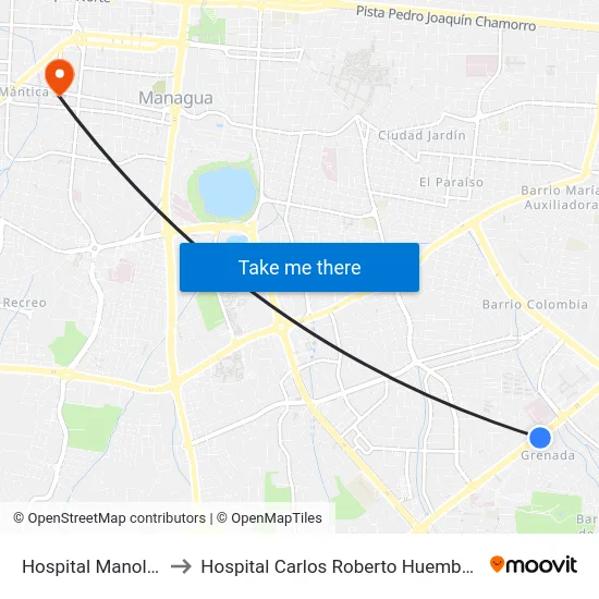 Hospital Manolo Morales to Hospital Carlos Roberto Huembes Filial El Carmen map