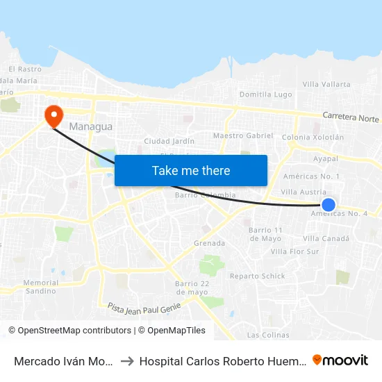 Mercado Iván Montenegro Sur to Hospital Carlos Roberto Huembes Filial El Carmen map