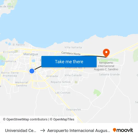 Universidad Centro Americana (Uca) to Aeropuerto Internacional Augusto C. Sandino - Terminal De Pasajeros map