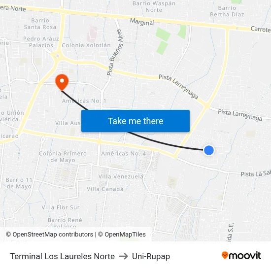 Terminal Los Laureles Norte to Uni-Rupap map