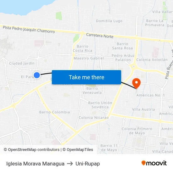 Iglesia Morava Managua to Uni-Rupap map