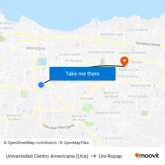 Universidad Centro Americana (Uca) to Uni-Rupap map