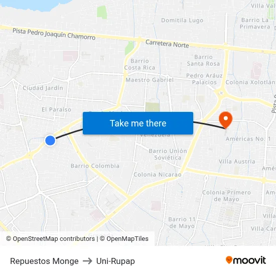 Repuestos Monge to Uni-Rupap map