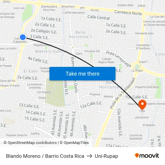 Blando Moreno / Barrio Costa Rica to Uni-Rupap map