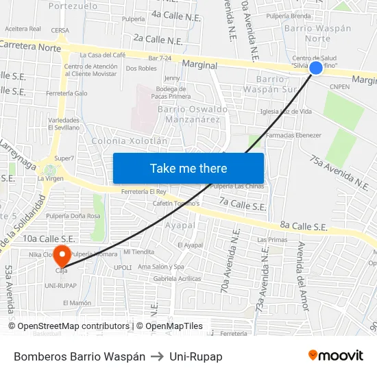 Bomberos Barrio Waspán to Uni-Rupap map