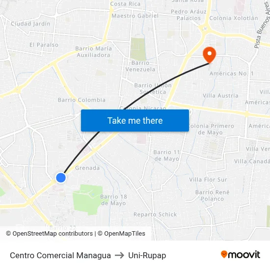 Centro Comercial Managua to Uni-Rupap map