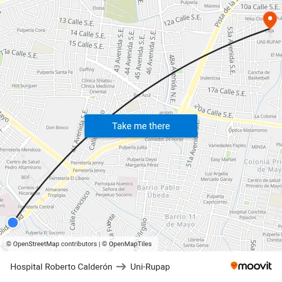 Hospital Roberto Calderón to Uni-Rupap map
